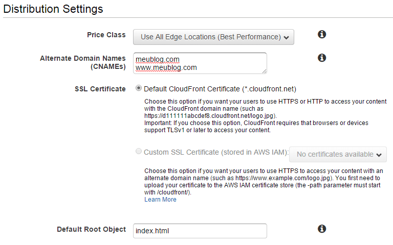 Criando distribuição no CloudFront